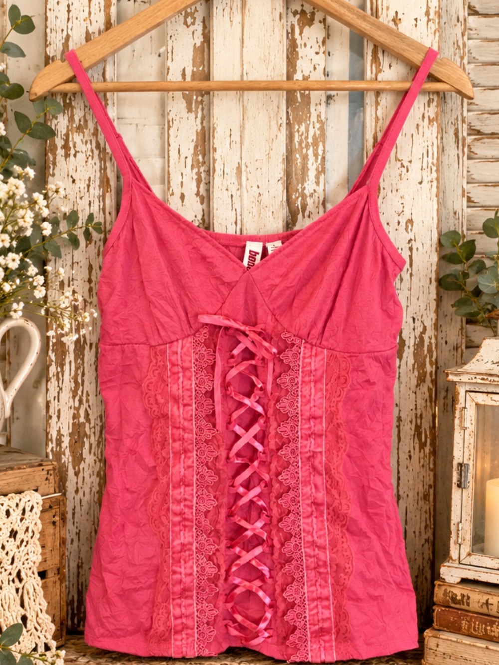 Vintage Y2K Bongo Pink Corset Lace Up Cami Top L Coquette Fairy Grunge 2000s